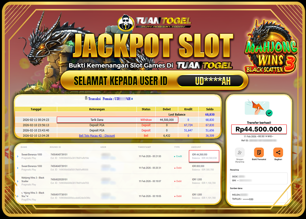 TUANTOGEL JACKPOT SLOT MAHJONG WINS 3 -BLACK SCATTER Rp44.500.000